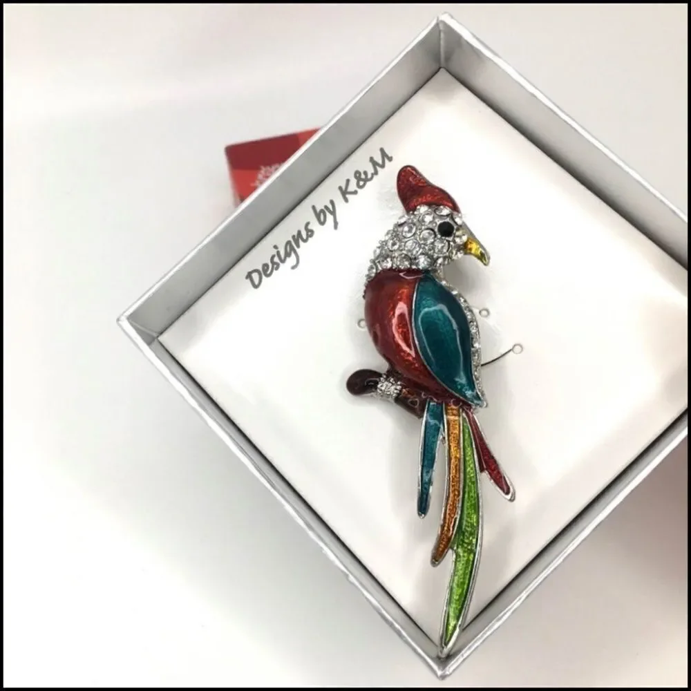 Enamel and Rhinestone Parrot Brooch